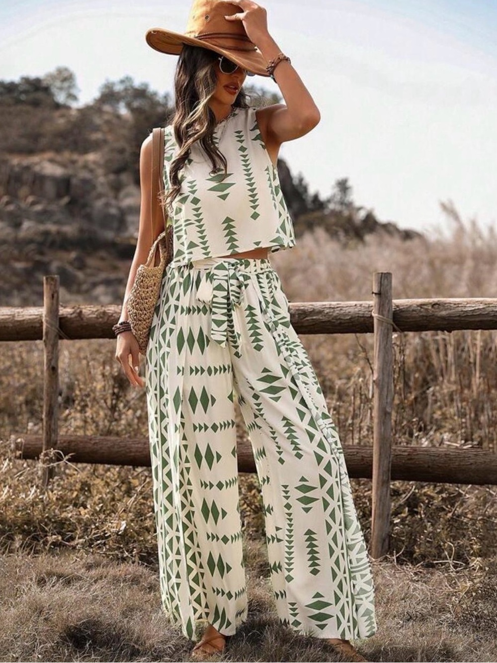 Boho Aztec Two-Piece Crop Top & Wide Leg Pants Set - Cream & Sage Green